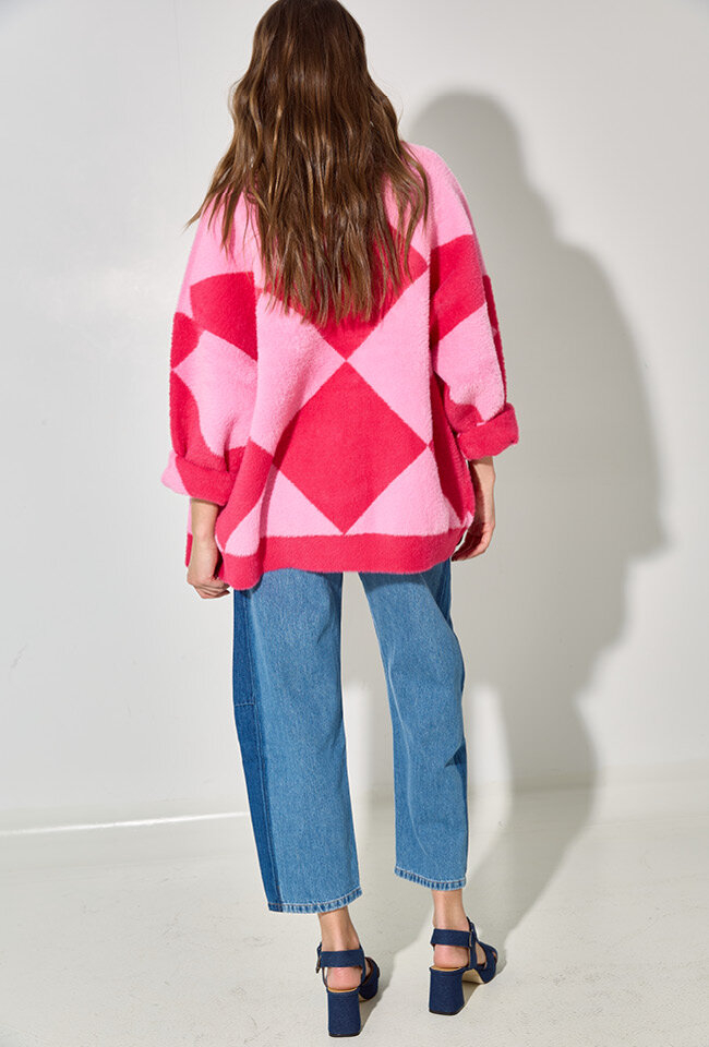 Roze geruite oversized cardigan met drukknopen How Essentiel 