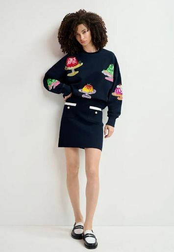 Donkerblauwe trui met taartenlogo in pailletten Hake Essentiel