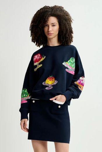 Donkerblauwe trui met taartenlogo in pailletten Hake Essentiel