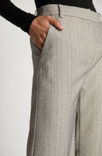 Grijze gestreepte wijde broek met zilveren steentjes Eileen Munte