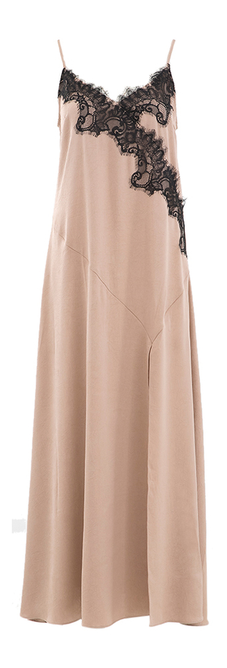 Taupe kleurige lange jurk in satijnlook met zwarte kanten afwerking Ayda Baum Und Pferdgarten