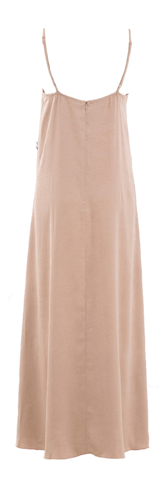 Taupe kleurige lange jurk in satijnlook met zwarte kanten afwerking Ayda Baum Und Pferdgarten