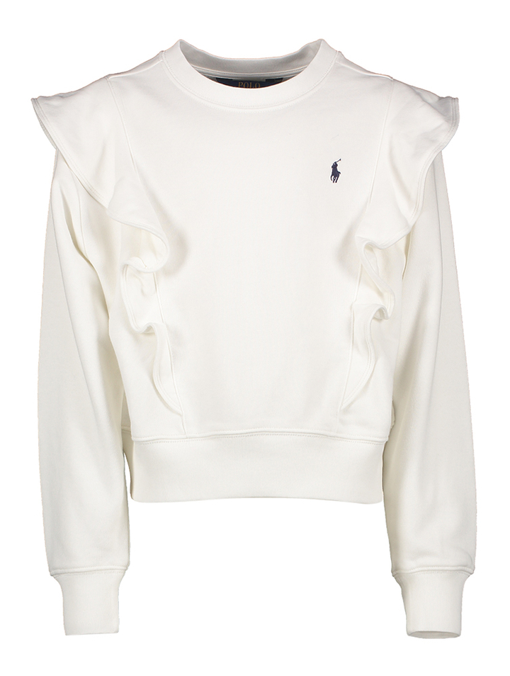 Witte katoenen trui met frul en blauw merklogo Ralph Lauren