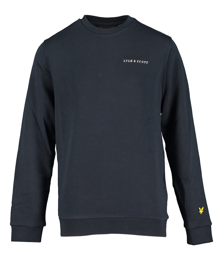 Donkerblauwe trui met ronde hals en merknaam vooraan Lyle & Scott