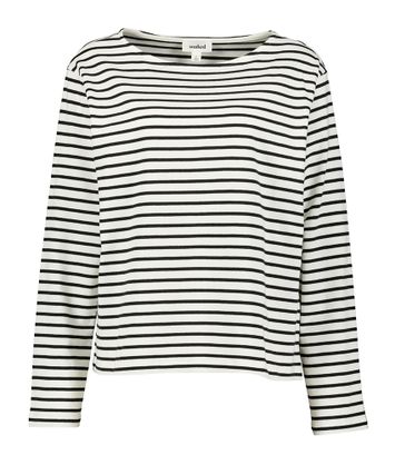Ecru katoenen t-shirt met lange mouwen en zwarte horizontale strepen Soaked in Luxury
