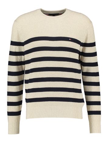 Beige gestreepte pull met ronde hals en merklogo Tommy Hilfiger