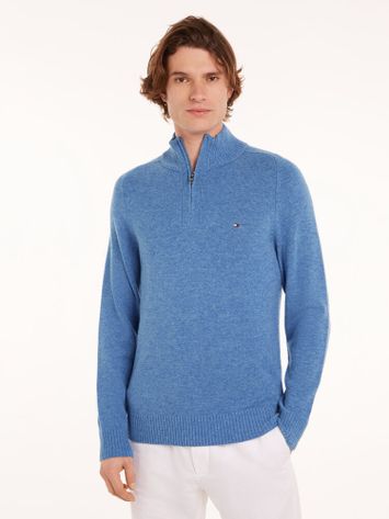 Blauwe pull met korte rits en merklogo Tommy Hilfiger