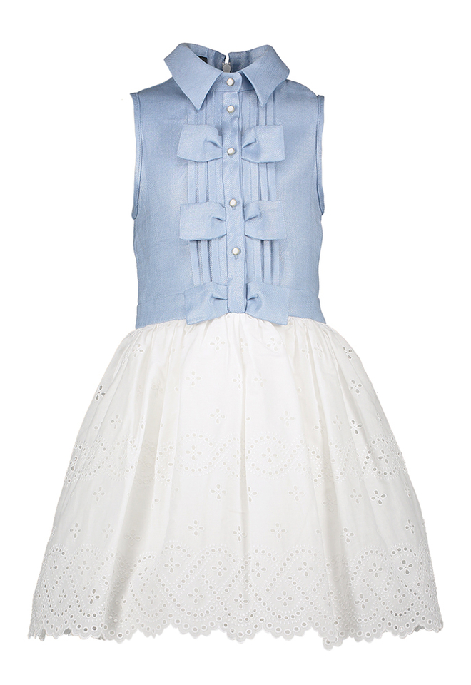 Kleedje met jeanskleurige top en witte rok in broderie Communie Linea Raffaelli