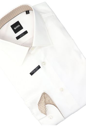 Wit hemd (slim fit) met bruin detail aan binnenkant kraag en mouw Hugo Boss