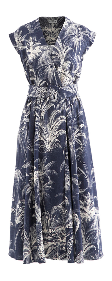 Jeansblauwe lange jurk met plooirok in bloemenprint Aline Marella