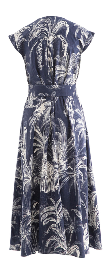 Jeansblauwe lange jurk met plooirok in bloemenprint Aline Marella