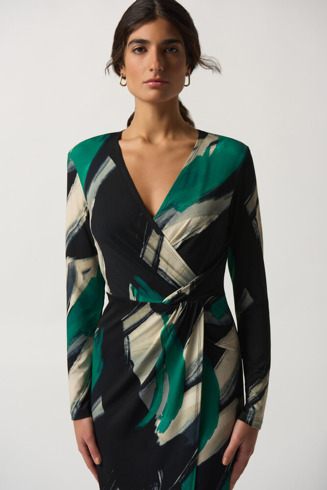 Zwarte jurk met beige groene print Joseph Ribkoff