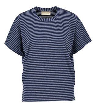 Momoni Blauwe gestreepte t-shirt met glitterdraad Pawa
