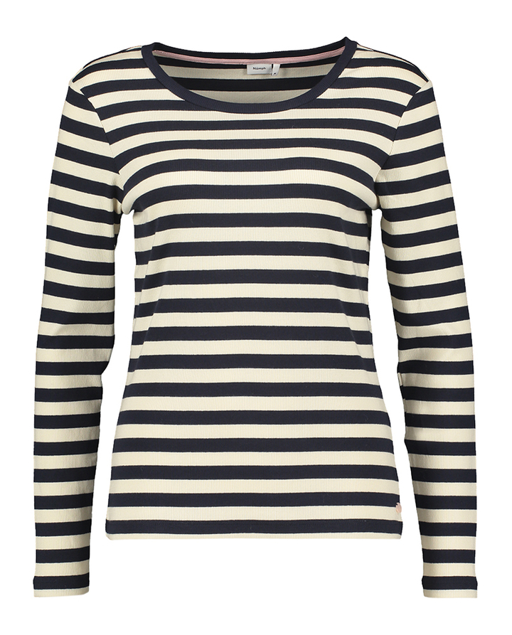Blauw en ecru gestreepte t-shirt met ronde hals Mixie Numph