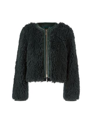 Marc Cain collections Groene kort jas in fluvie stof met lederen details aan de rits Marccain