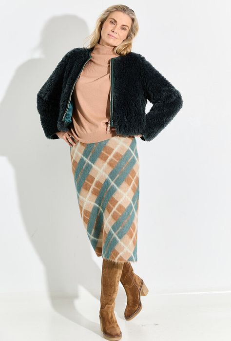 Camelkleurige wollen pull met groene print Marc cain collections