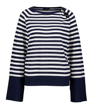 Liu Jo Blauw met wit gestreepte pull met ronde hals met gouden knoop Lui Jo