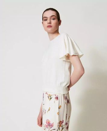 Ecru pull met ronde hals en korte mouwen Twinset