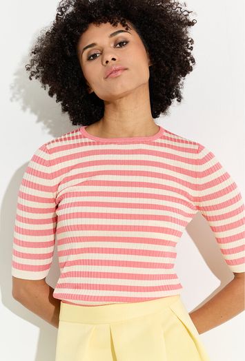 Ecru en roze gestreepte pull met ronde hals en korte mouwen Twinset