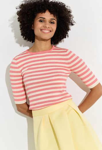 Ecru en roze gestreepte pull met ronde hals en korte mouwen Twinset