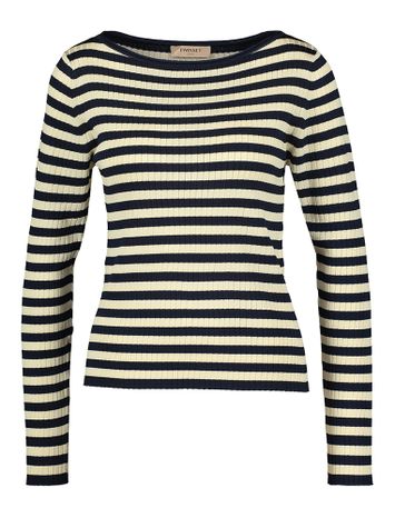 Creme kleurige trui met blauwe strepen in ribbel Twinset