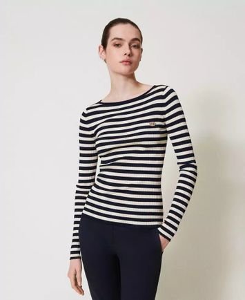 Creme kleurige trui met blauwe strepen in ribbel Twinset