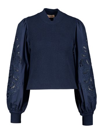 Donkerblauwe pull met ronde hals en blouse mouwen Twinset