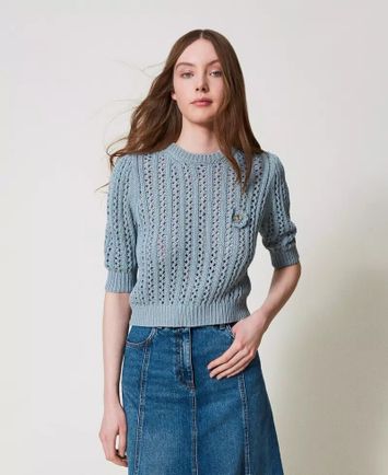 Blauwkleurige gehaakte pull met ronde hals Twinset