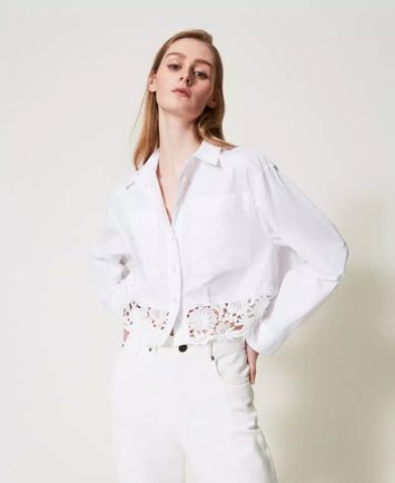 Witte katoenen bloes met kanten boord Twinset 