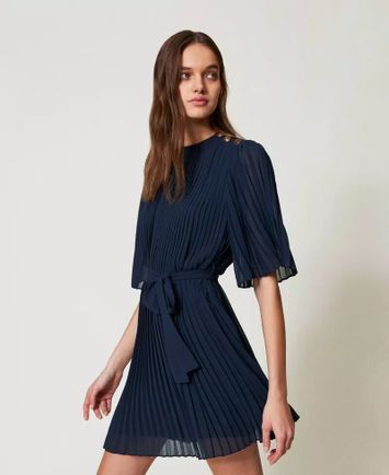 Donkerblauwe jurk met plissee Twinset