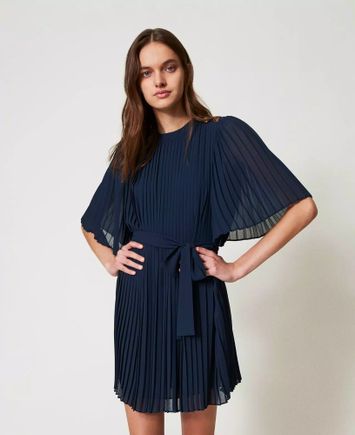 Donkerblauwe jurk met plissee Twinset