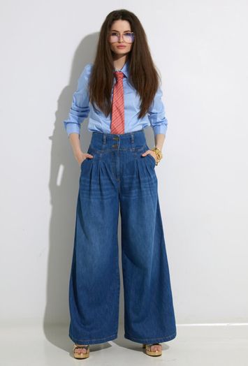 Blauwe wijde jeans met bandplooi Twinset