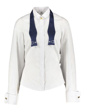 Witte katoenen gestreepte bloes met blauwe strik Elisabetta Franchi