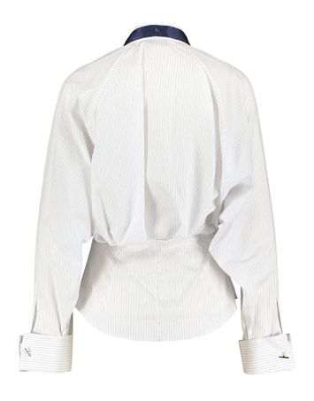 Witte katoenen gestreepte bloes met blauwe strik Elisabetta Franchi