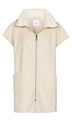 Xandres Beige mouwloze winterjas in imitatiebont met kap Moemy