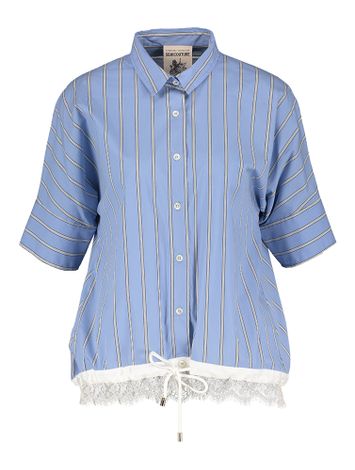 Blauw en wit gestreepte blouse afgewerkt met kant Semicouture