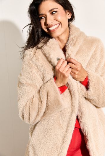 Light camel korte mantel faux fur met kap Gerry Weber