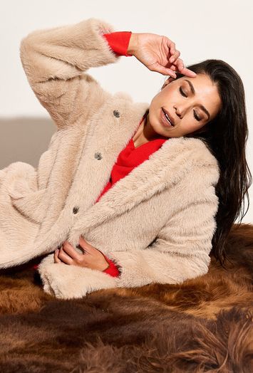 Light camel korte mantel faux fur met kap Gerry Weber