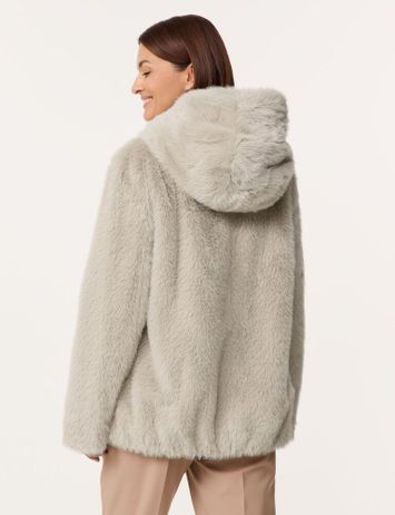 Light camel korte mantel faux fur met kap Gerry Weber