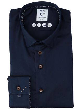 R2 Donkerblauw katoenen hemd ( regular fit) met lange mouwen