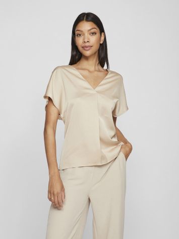 Goudkleurige glanzende t-shirt met V-hals Viellette Vila