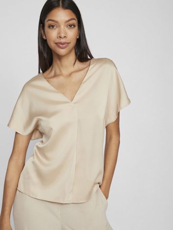 Goudkleurige glanzende t-shirt met V-hals Viellette Vila
