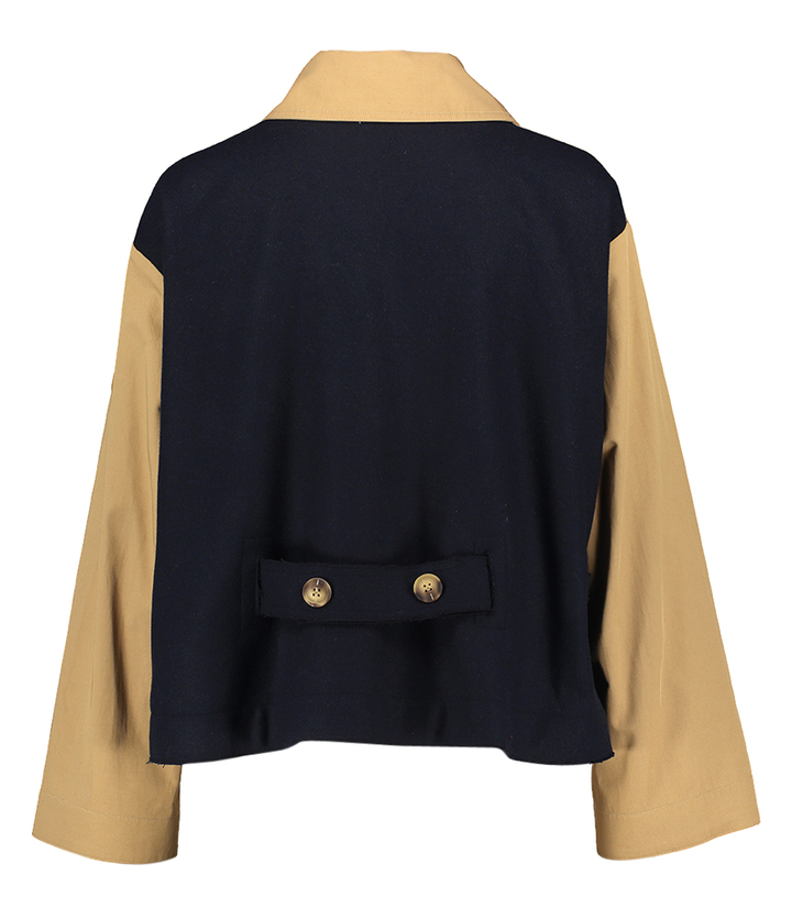Donker beige korte trenchcoat met blauwe achterkant Hox