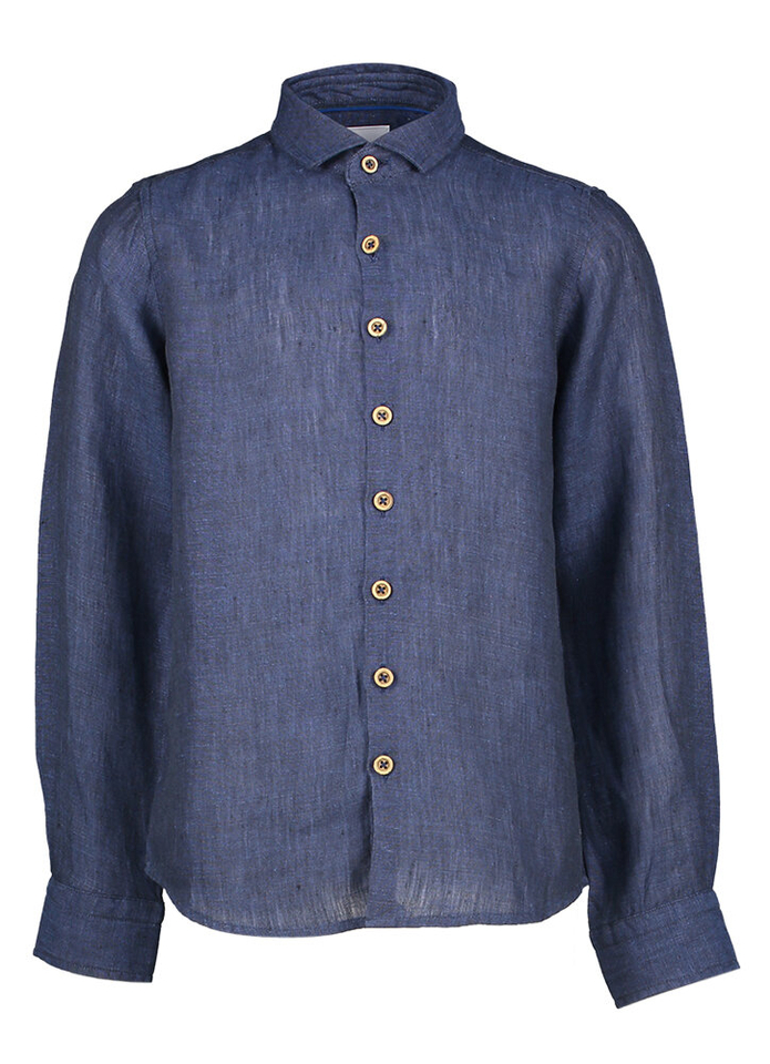 Donkerblauw linnen hemd (slim fit) met lange mouwen en houtlook knopen Communie R2