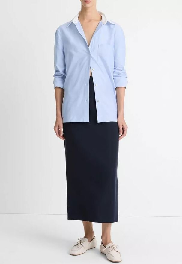 Lichtblauwe katoenen bloes met witte kraag Vince