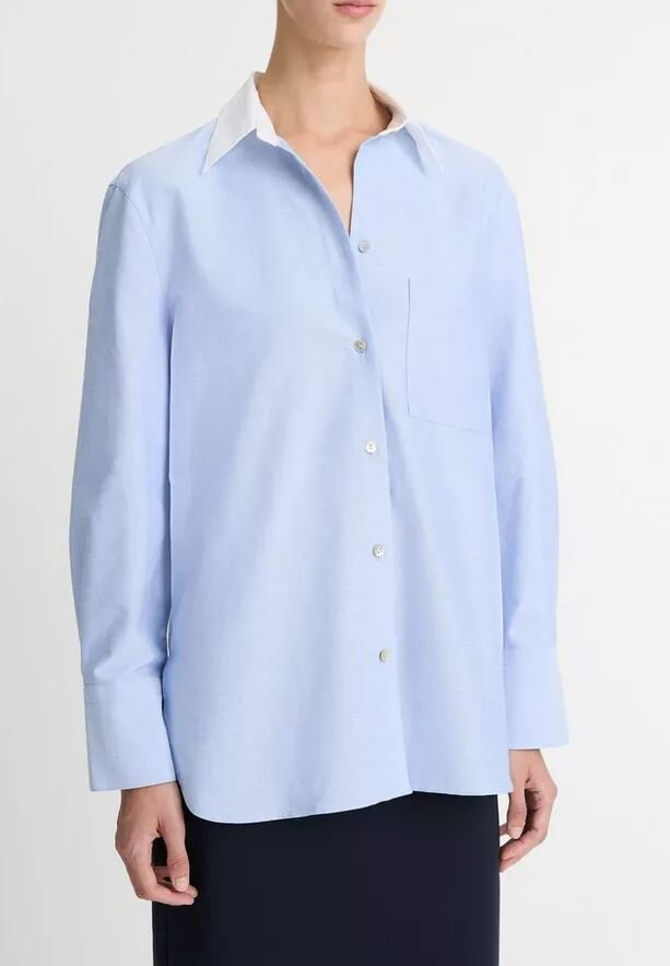 Lichtblauwe katoenen bloes met witte kraag Vince