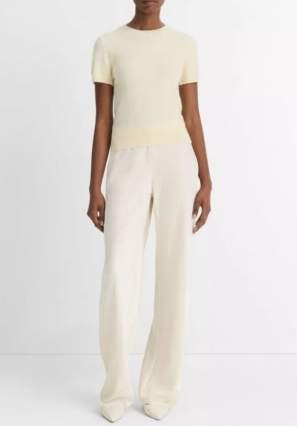 Vanillekleurige wollen pull met korte mouwen Vince