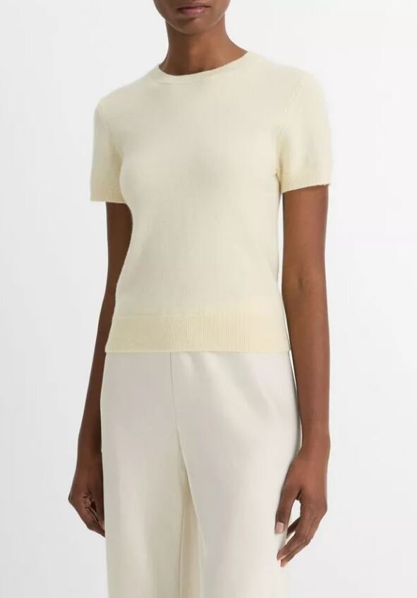 Vanillekleurige wollen pull met korte mouwen Vince