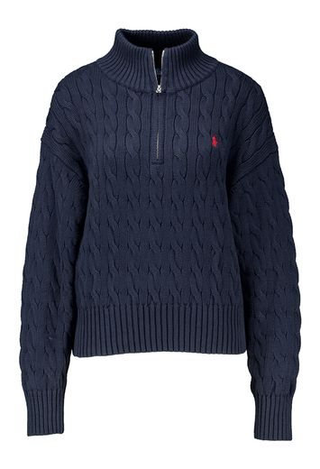 Donkerblauwe trui met kabel en korte rits Ralph Lauren 