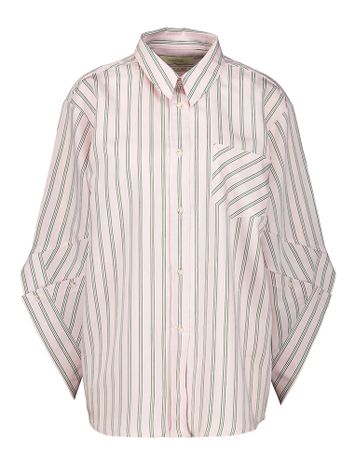 Roze blouse met groen strepenmotief en detailmouwen March23